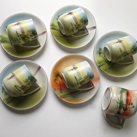 Antique Nippon Cups and Saucers Set: Hand-Painted Japanese Porcelain Landscape - Picture 4 of 9